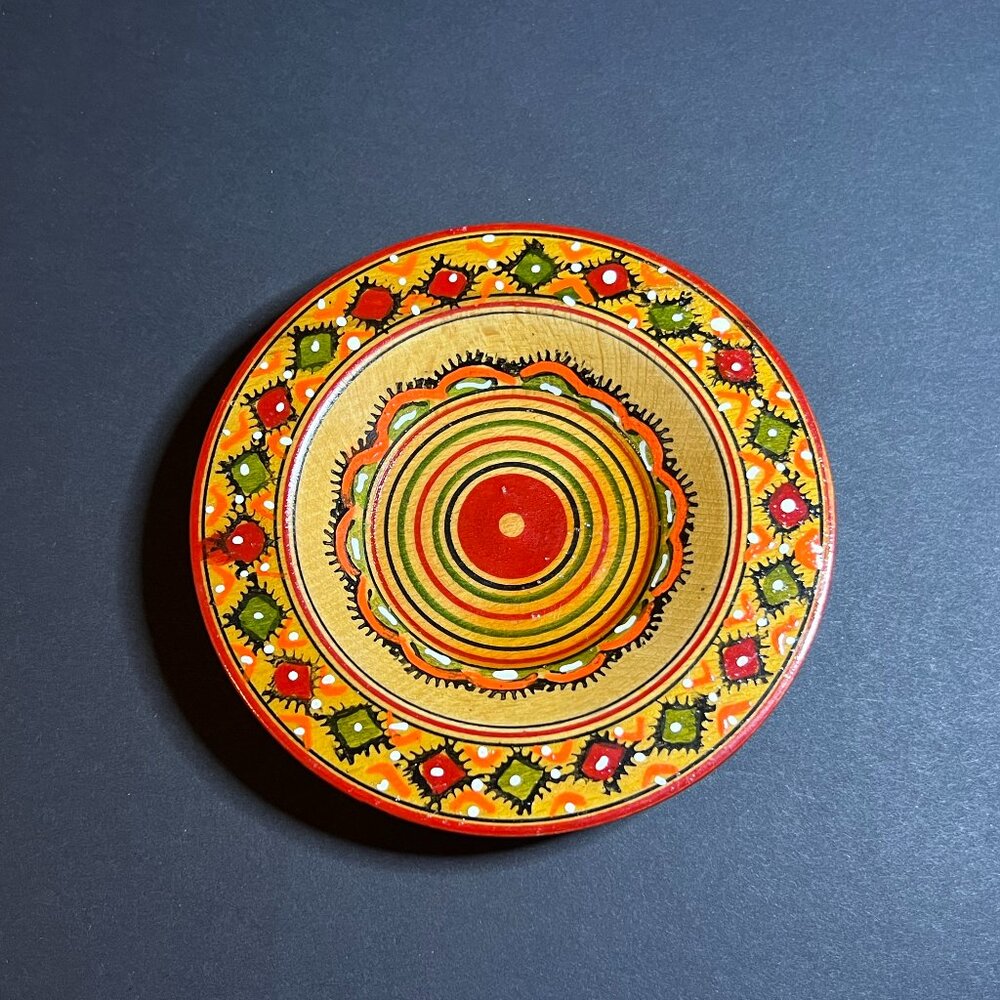 VTG Hand-Painted Round Wooden Folk Art Geometric Pattern Decorative Dish 4.5"